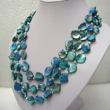Ювелирные изделия длинные 6" 3 ряда белый пресноводный жемчуг синий мать раковина жемчужное ожерелье