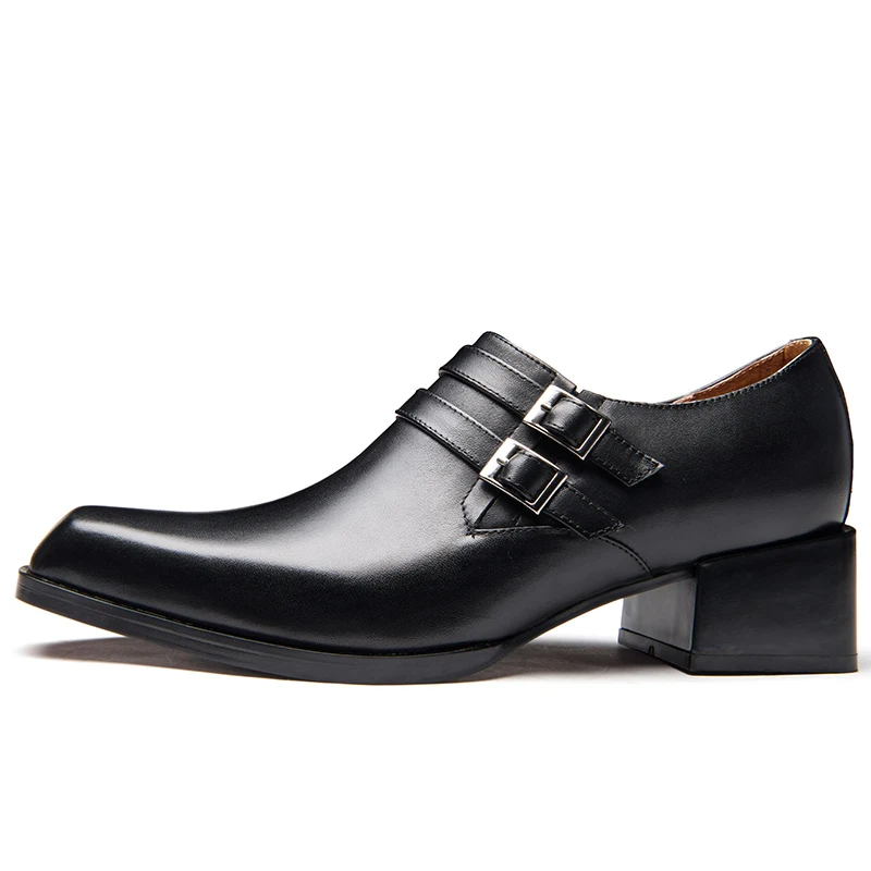 Hot Sale! Men Trendy Heels Full Grain Leather Buckle Belt Pointed Toe Thick Heel Oxfords Business Man Hightened Shoes 5CM