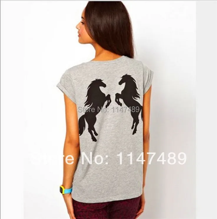 Hot Sell Free Shipping women t- shirt Back double horse pattern printing light gray T-Shirt Size: XS S M L XL XXL | Женская одежда