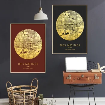 

Colored and Gold Des Moines Iowa USA City Maps Canvas Poster Wall Pictures for Living Room No Frame