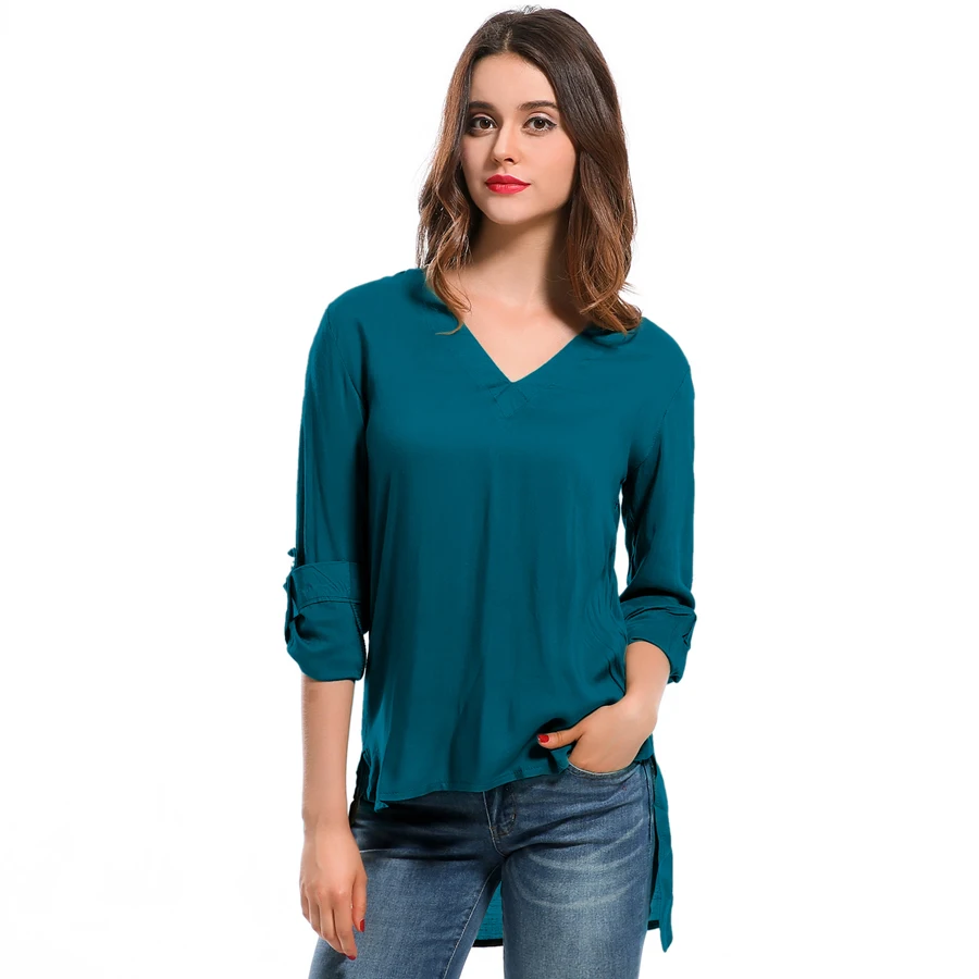 Fashion female V neck blouses Cotton irregular Solid Loose