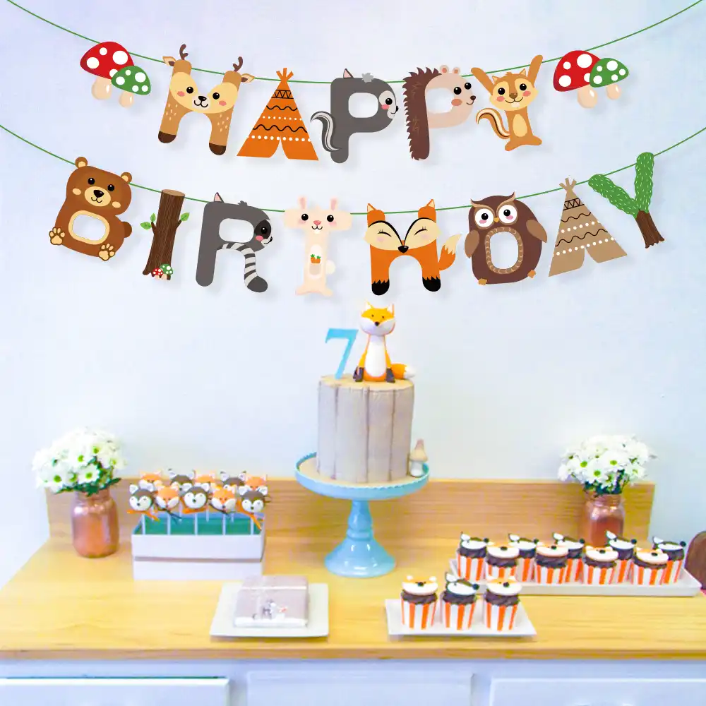 Cartoon Animal Woodland Theme Happy Birthday Banners Forest Owl