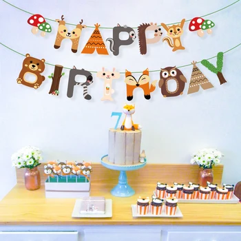 

618 Sale Promotion Baby Woodland Happy Birthday Banners Safari Jungle Party Decorations Forest Cartoon Animals Kids Party Favors