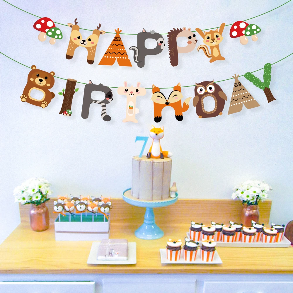 618 Sale Woodland Happy Birthday Banners Forest Owl Raccoon Cartoon Animals Kids Baby Shower Birthday Party Decorations Favors Party Diy Decorations Aliexpress