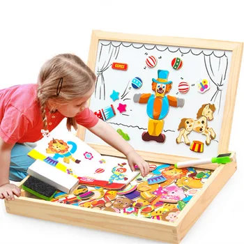 

100+Pcs Cartoon Kids Educational Toys Wooden Puzzles For Children Forest Park Multifunctional Magnetic Puzzles Drawing Board