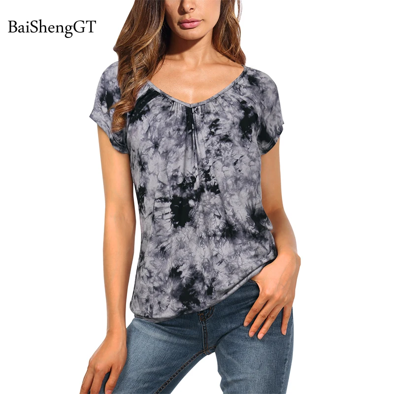 Summer Tie dye T-shirt Women Causal Tees for ladie V-Neck Short Sleeve Loose shirt Plus Size Female Sexy Elastic Tops BaiShengGT Tops
