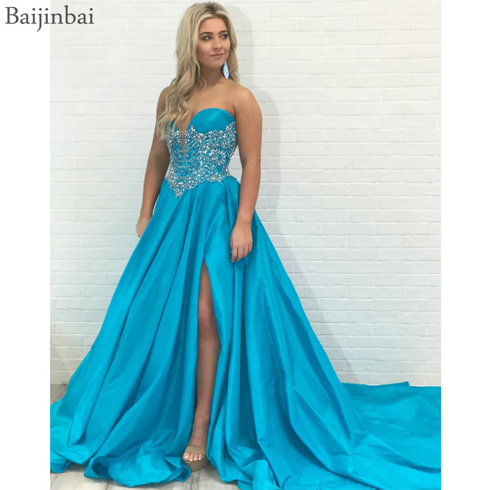 

Baijinbai Luxury Beading Satin Evening Dresses Long Train Sweetheart Evening Formal Gowns with High Slit Prom Dress Sleeveless