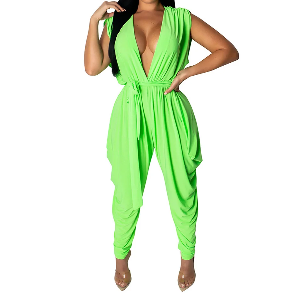 

Sexy Deep V Neck Sashes Loose Rompers Women Jumpsuit Summer Green Hollow Out Casual Sleeveless Backless Club Party Overalls