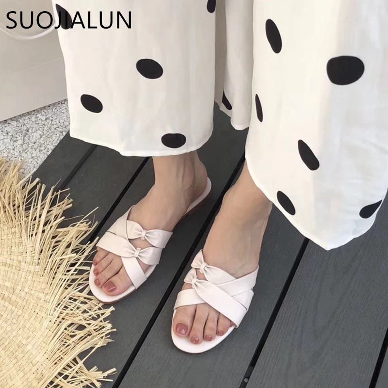 SUOJIALUN/2019 г. модные брендовые женские шлепанцы на плоской подошве без застежек