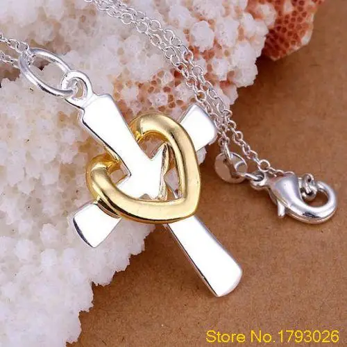 

Lover's Silver Plated Chain Charm Heart Cross Pendant Necklace for Birthday Gift 4TAU