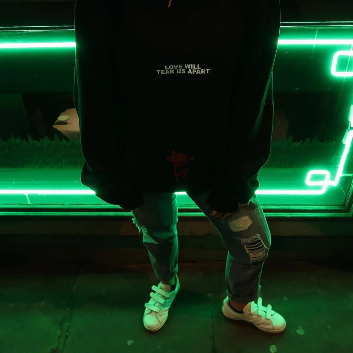 Black Hoodie Sweatshirt Love Will Tear Us Apart Rose