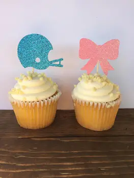 

Glitter Helmets or Hairbows Gender Reveal cupcake toppers birthday baby shower doughnut food treats picks party decorations