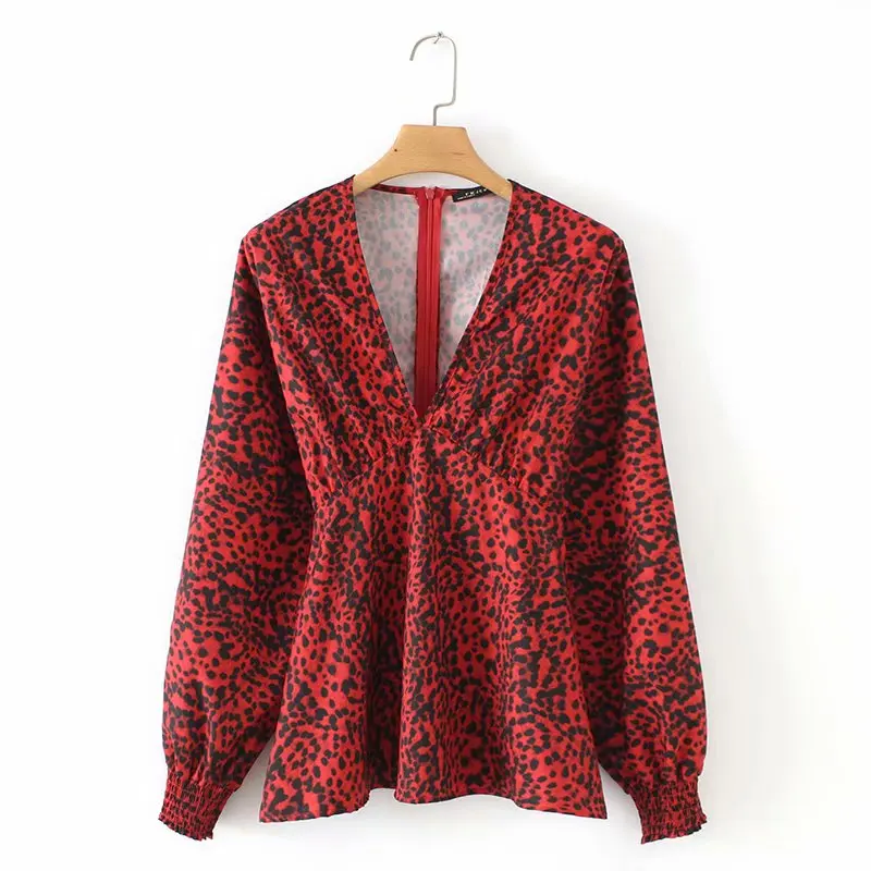 

women fashion v neck long sleeve red leoprd print smock blouse casual pleats shirts ladies business femininas blusas tops LS2962
