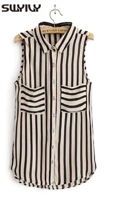 Vertical Stripe Sleeveless Shirt Women Spring 2015 New Arrival Women Blouse