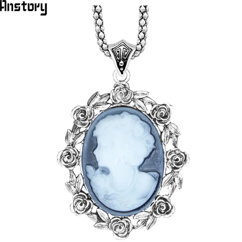 261 28 De Réductionrose Fleur Dame Reine Camée Pendentif Collier Pour Femmes Vintage Antique Argent Plaqué Bijoux De Mode Tn132 In Pendentifs De