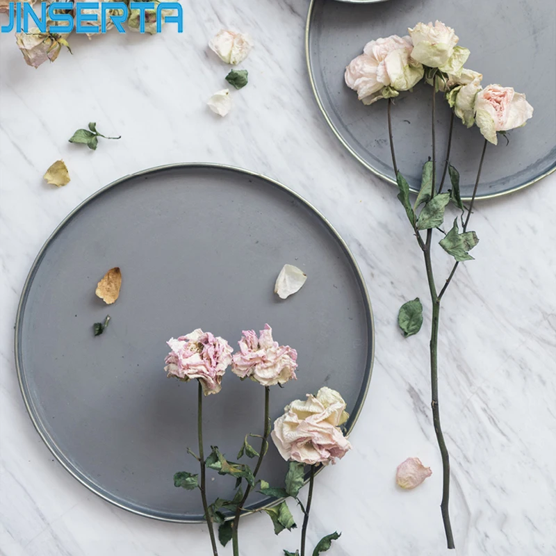 

JINSERTA Metal Storage Tray Retro Golden Rim Fruit Dessert Cake Bread Plate Round Serving Tray Home Kitchen Decorative Tray