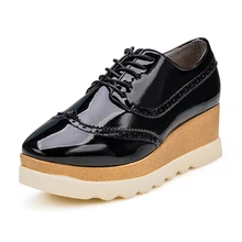 2016 Fashion Trick Bottom Women Oxfords Square Toe Patent Leather Platform Ladies Shoes Lace up Brogue Shoes Women Creeper