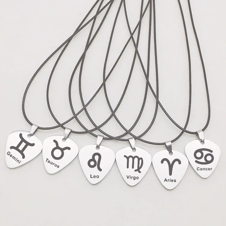 

Men jewelry Leo Virgo Cancer Taurus guitar pick charm Necklace Zodiac Constellation stainless steel pendant leather necklace