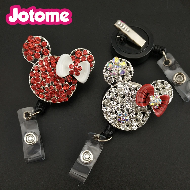 

50PCS/Lot Silver Minni Mouse Rhinestone Nurse Brooch Yoyo Retractable ID Name Badge Reel Holder