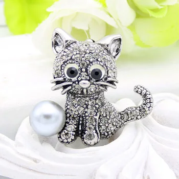 Lucky Zodiac Animal Cute Cat Brooch Pin For Women Rhinestone Animal Brooches Broches Simulation Pearl Russia Lapel Corsage Pin