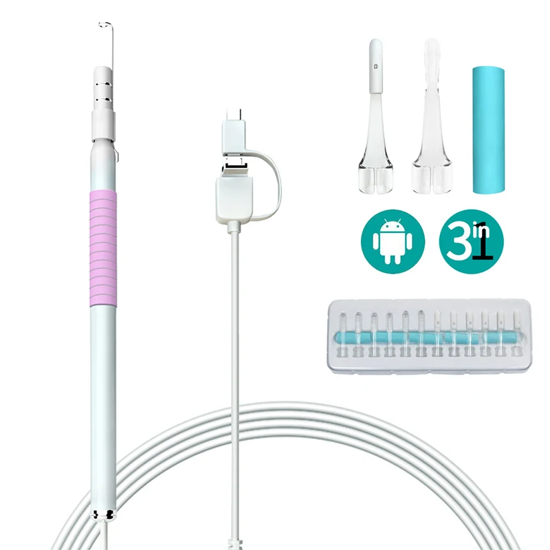 3in1 очистки уха эндоскоп визуальный уха ложка Ушная сера безопасности удаление копать ухо мини Камера Earpick подобрать ухо отоскоп бороскоп инструмент - Цвет: pink