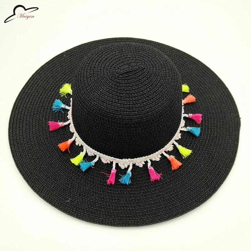 

New Summer Wide Large Brim Straw Hats for Women Beach Sun Hats Colorful Tassels Contrast Color Panama Hats Sun Cap Chapeau