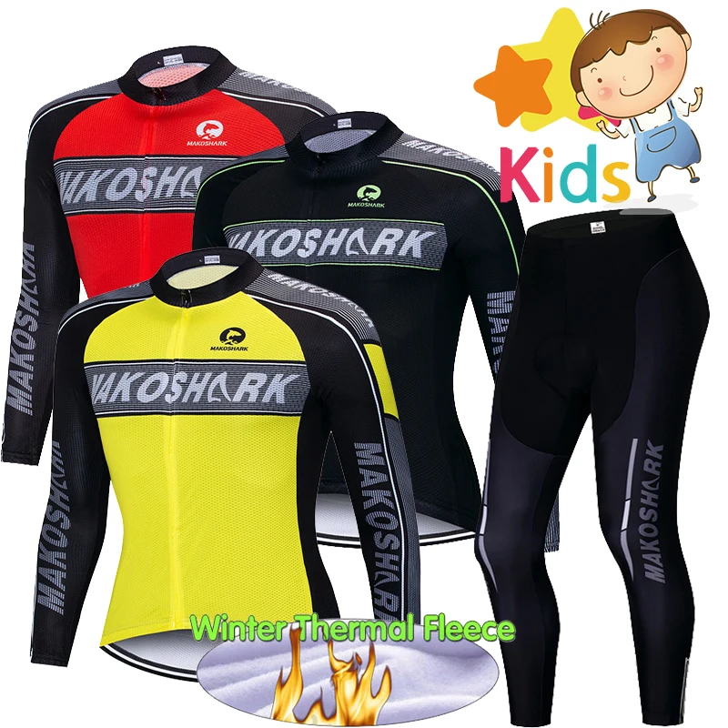 

3 Colors Pro Team Children's Cycling Clothing Set Winter Thermal Fleece Long Sleeve Bike Suit for Kids Pro BiB Pants Bike Wear