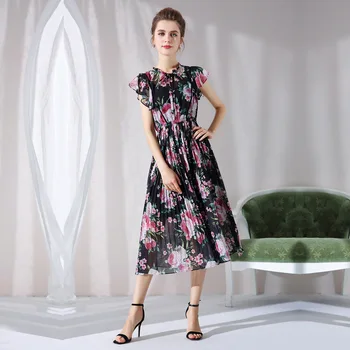 

Summer women Floral Print Chiffon long Dress Elegant Vestido ruffled collar cultivating Casual Bohemian sexy beach dress XXXXXL