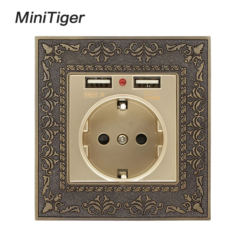 Minitiger Zinc Alloy High-end Retro Panel 16A Gold EU Standard Power Wall Socket With Dual USB 2.1A Charging Port Embossed Panel