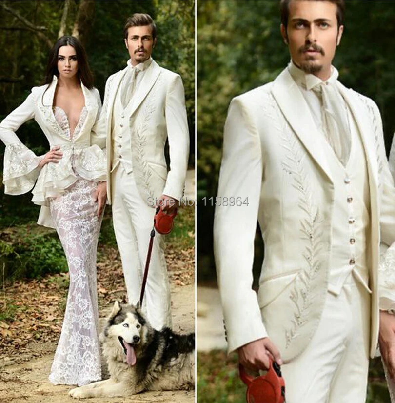 2015 beige white embrodiery One Button tuxedos for men Groom Tuxedos Peak Lapel Men's Suit brown men's suits Groom (Jacket Pant vest tie).jpg