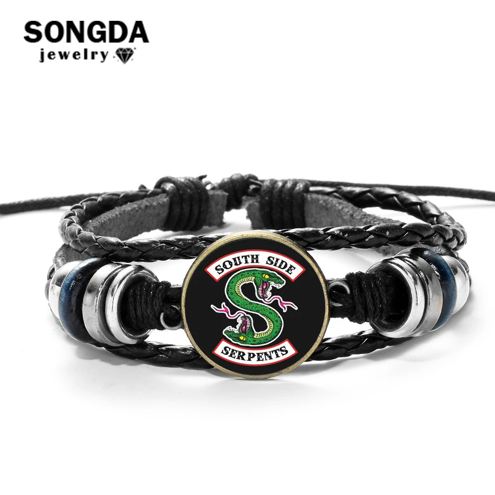 

SONGDA Riverdale Mens Leather Bracelet Personality Pattern Print Glass Dome Charms Bracelet Punk Wrap Wristband Fans Collection