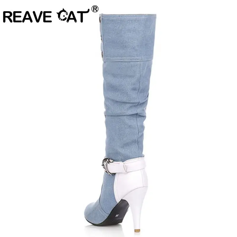 Женские джинсовые сапоги до колена REAVE CAT зимние из джинсовой ткани с острым