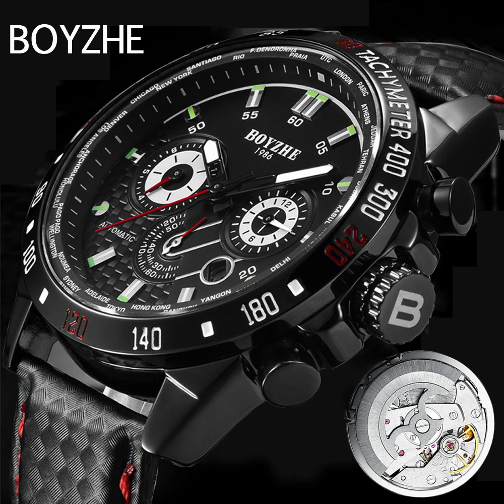 

BOYZHE Men Automatic Mechanical Watches Sport Waterproof Self-Winding Top Brand Leather Male Wrist Watches Relogio Masculino