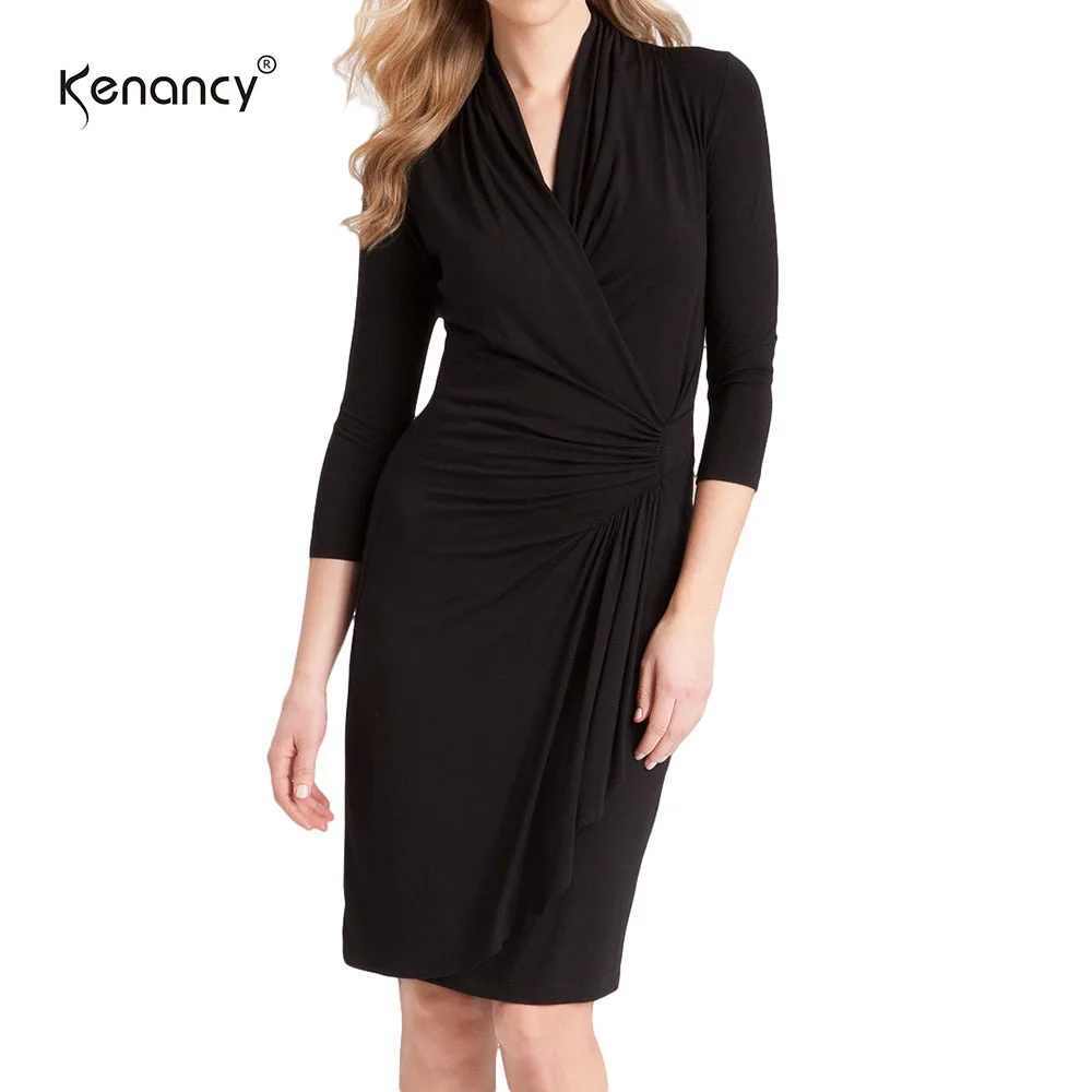 Solid wrap square neckline knee length sheath dress reflections