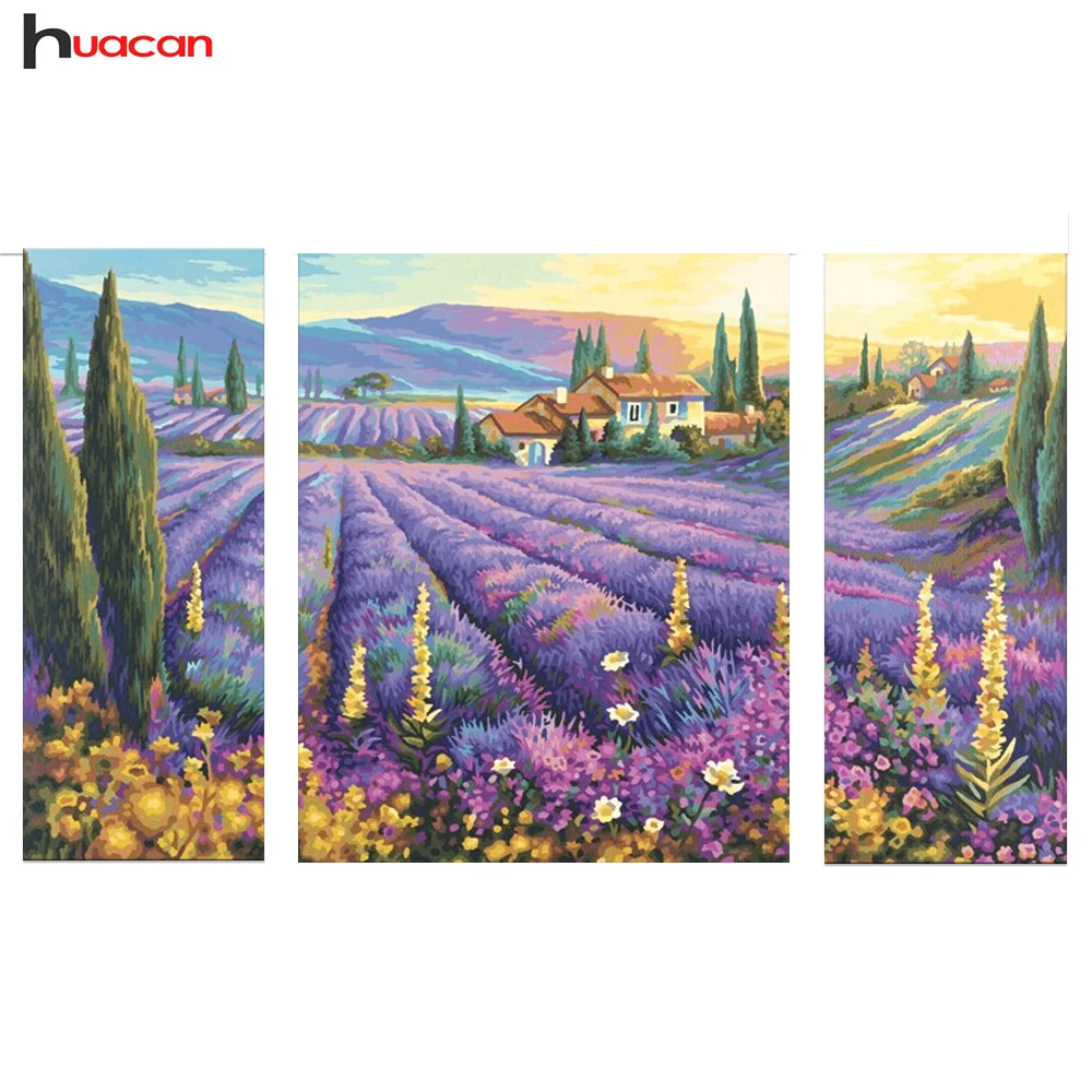 

HAUCAN DIY Diamond Embroidery Painting Lavender Manor Picture of Rhinestones Scenery Diamond Mosaic Cross Stitch 3pcs Home Decor