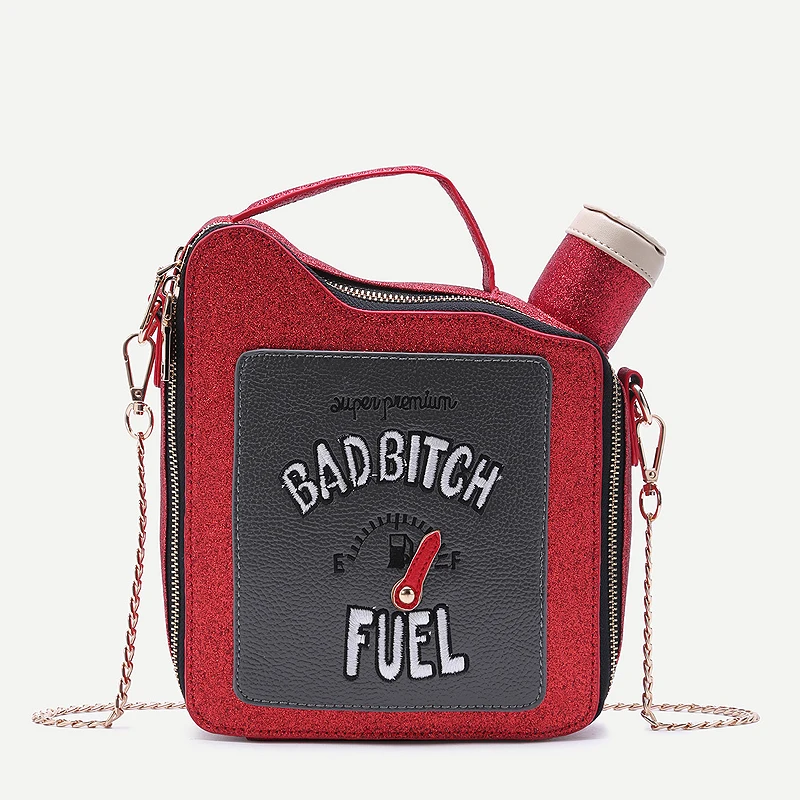 

Embroidery letters gasoline bottle shape bright chain handbag shoulder bag ladies purse flap totes