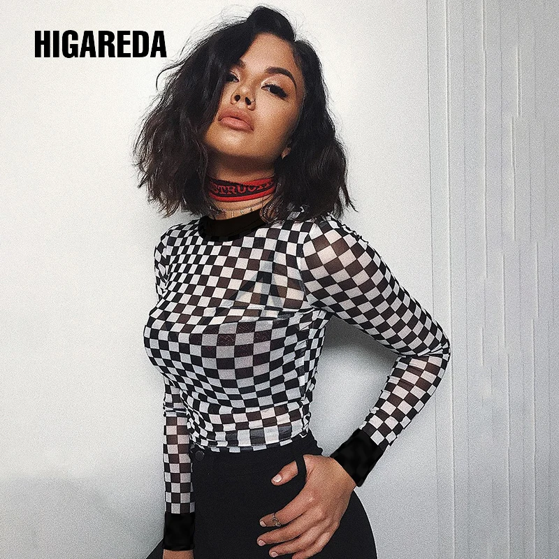 

Plaid Print Mesh T Shirt Women Patchwork Tight Kawaii T-shirt Black White Fashion Sexy Tops Tee Shirt Female Streewear