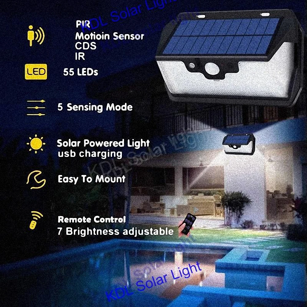

55 LED 900lm Solar Light remote control radar smart 3 side lighting lamp indoor smart switch IP6 camp street wall lamp yard ca