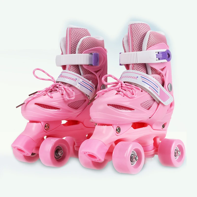 

Lovely Kids Children Girl Pink Double Line Quad Parallel Figure Skates Shoes Boots PU 4 Wheels Shockproof With Brake Breathable