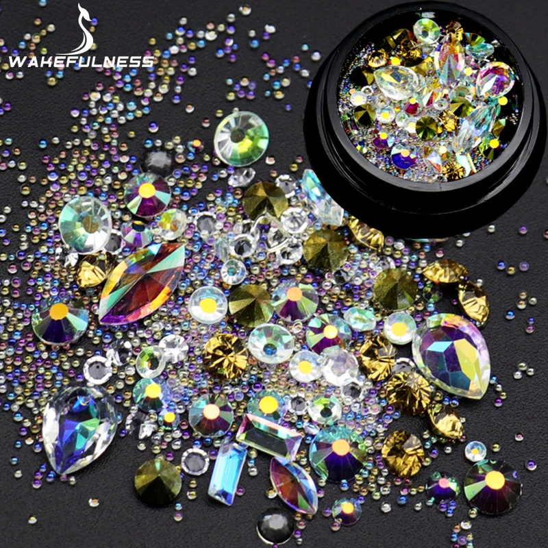 

WAKEFULNESS Acrylic Rhinestones For Nails AB Crystals Mix Caviar Nail Art Mini Beads Sharp Bottom Gems 3D Nail Art Decorations