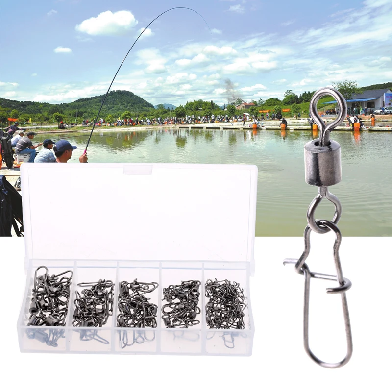 

60pcs/set Fishing Bearing Rolling Swivel Snap Fishhook Lure Connector Fish Tackle