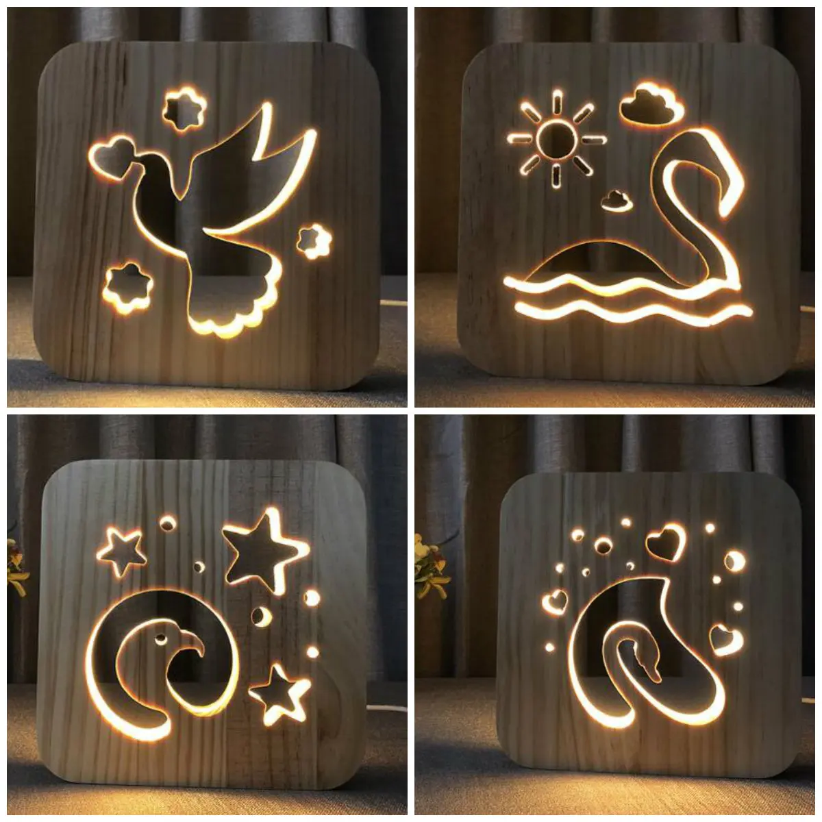 

Bird Decor Nightlight Pigeon Swan Wooden 3D Night Light DIY Customized Decorative LED Lighting USB Table Desk Lamp Gift IY801101