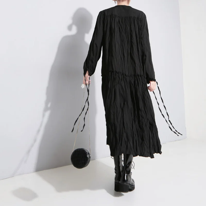 [EAM] Новое весенне-летнее черное свободное Бандажное платье с круглым вырезом и длинным рукавом, женское модное платье JI686