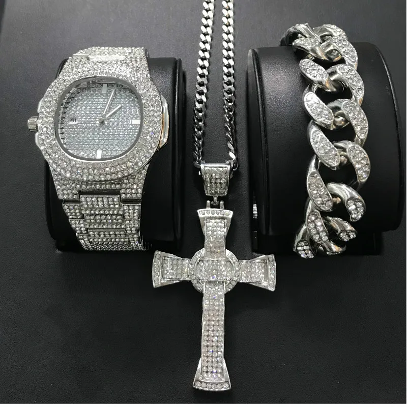 Luxury Men Diamond Watch Hip Hop cross Jewelry Watch& Bracelet&Necklace Combo Set Watch Diamond Ice Out Cuban Watch Set For Men