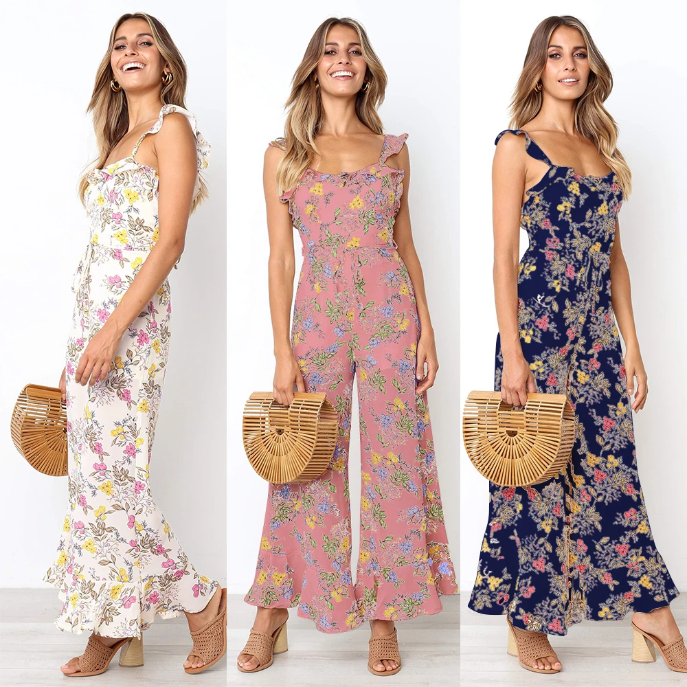 

2019 Print Jumpsuit Elegant Wide Leg Pantsuits Ruffled Floral Rompers Sleeveless Holiday Wear Sexy Open Back eDressU SJ-CF1868