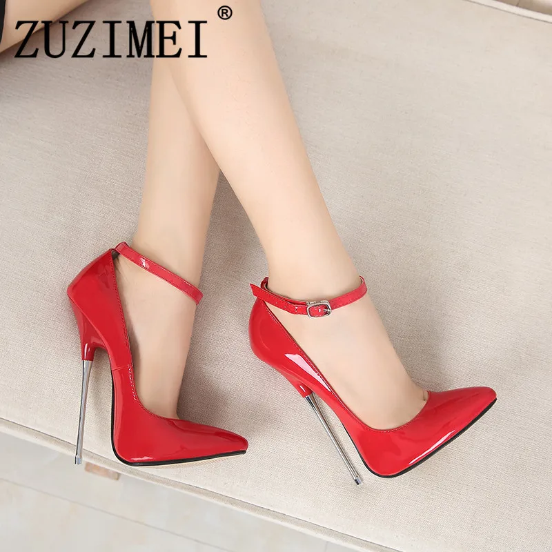 

Shoes woman Crossdresser Sexy 16cm Thin High-heeled Ankle strap zapatos mujer Pointed Toe Stiletto female wedding Pumps