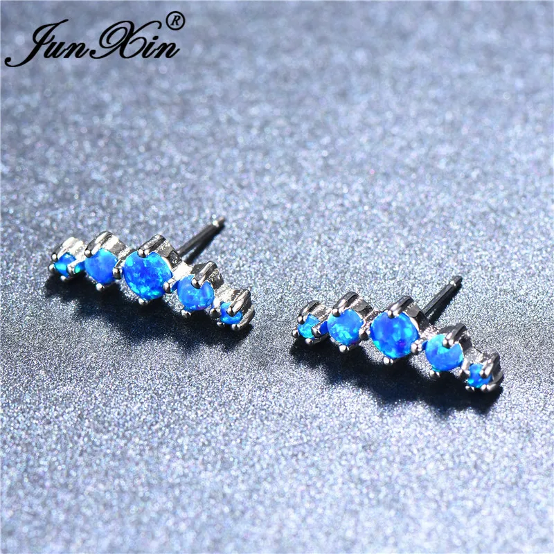 JUNXIN, роскошные серьги-гвоздики с голубым огненным опалом для женщин, 925 пробы, заполненные серебром, круглые серьги с радужным камнем, ювелирные изделия