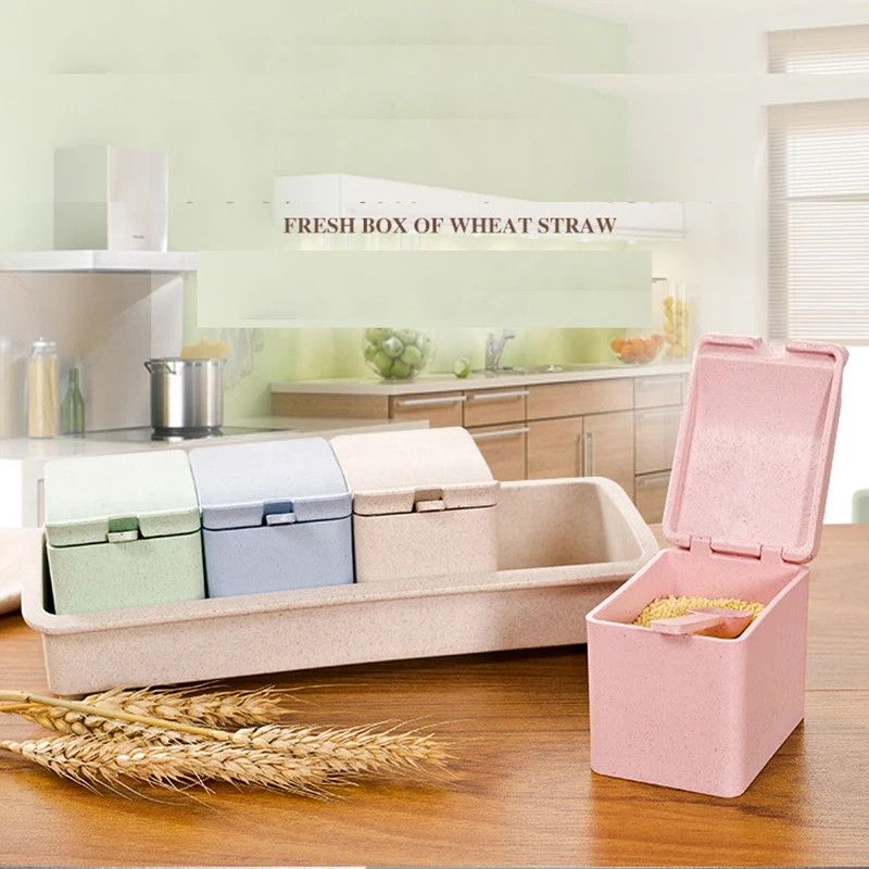 4pcs/Set Wheat Straw Plastic Spice Jar With Rack Colorful Seasoning Box Storage Container Condiment Jar Kitchen Accessories