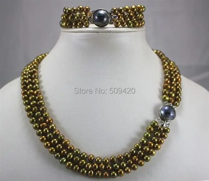 

Wholesale>>3 row 6-7mm black/green/brown pearl shell clasp necklace bracelet set