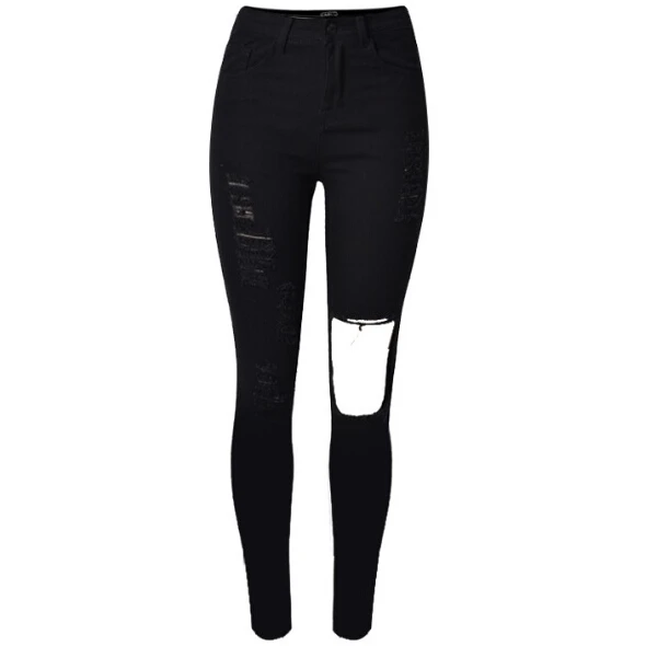 Новые модные женские потрепанные черные джинсы женские с высокой талией Женские джинсы-стрейч джинсовые брюки с отверстиями Pantalones mujer - Цвет: Черный
